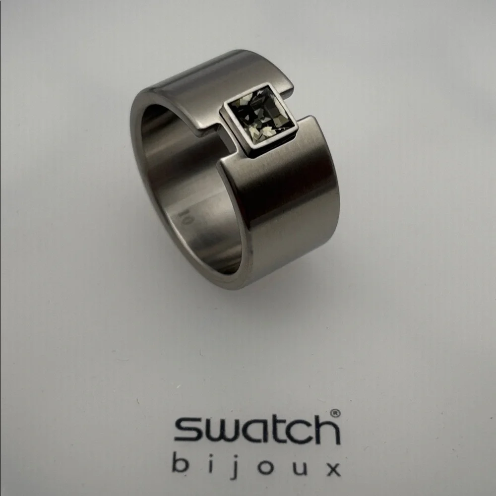 Swatch Bijoux Topic Path Stainless Steel & Smokey Crystal Ring - size 10
